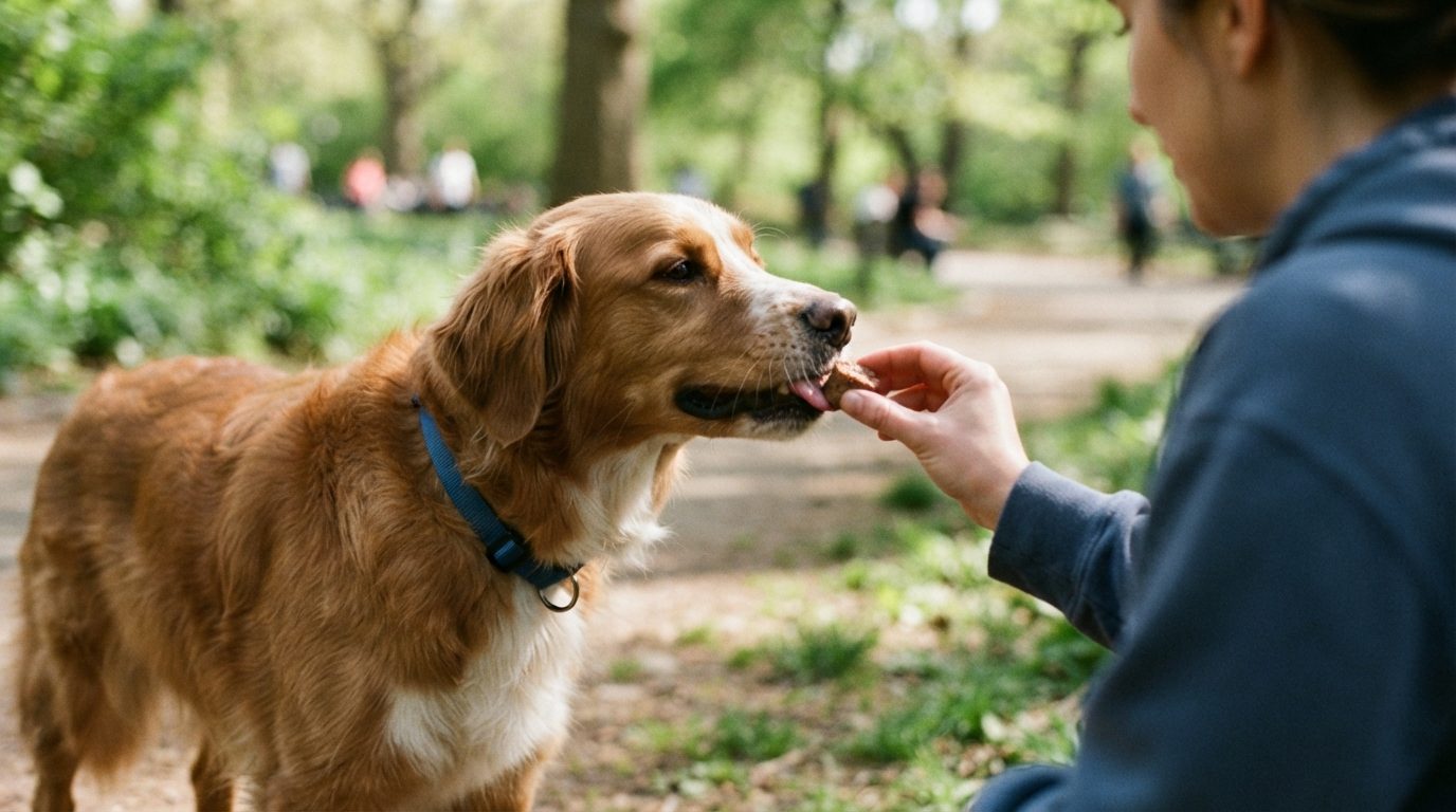 Hund der ivrig snuser hen mod en træningsgodbid i en hånd