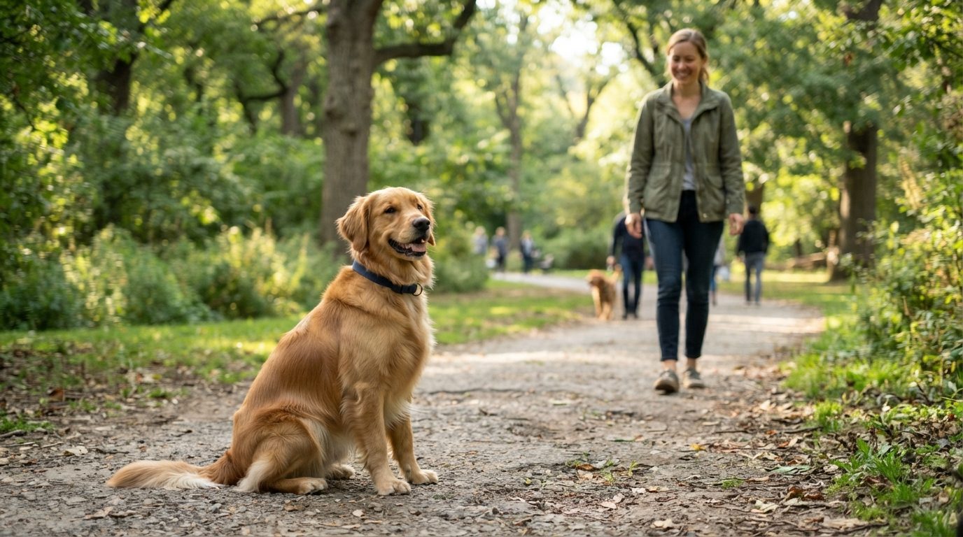 Hund der sidder på kommando i en park med ejer i baggrunden