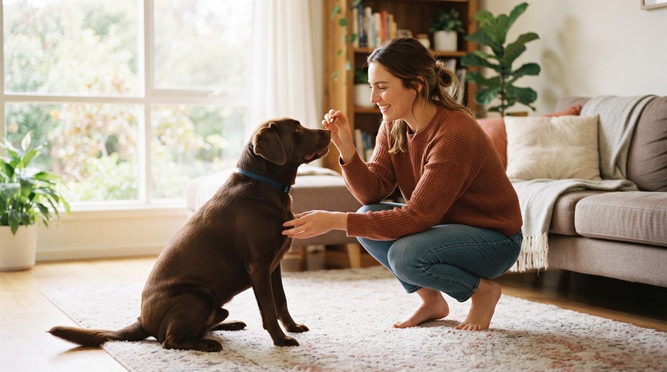 Hundeejere træner en brun hund indendørs med godbidder og positiv forstærkning