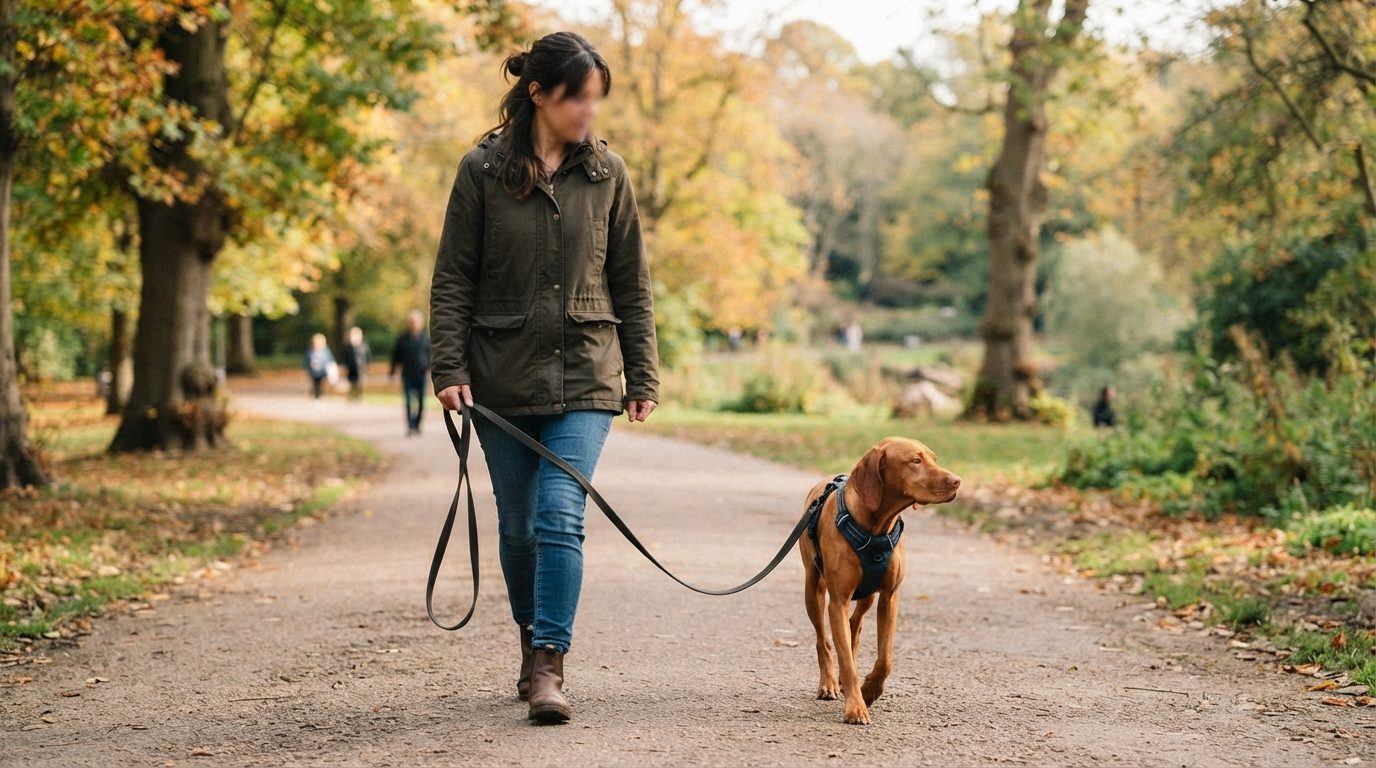 Hund i sele og lang linje der går roligt ved ejerens siden