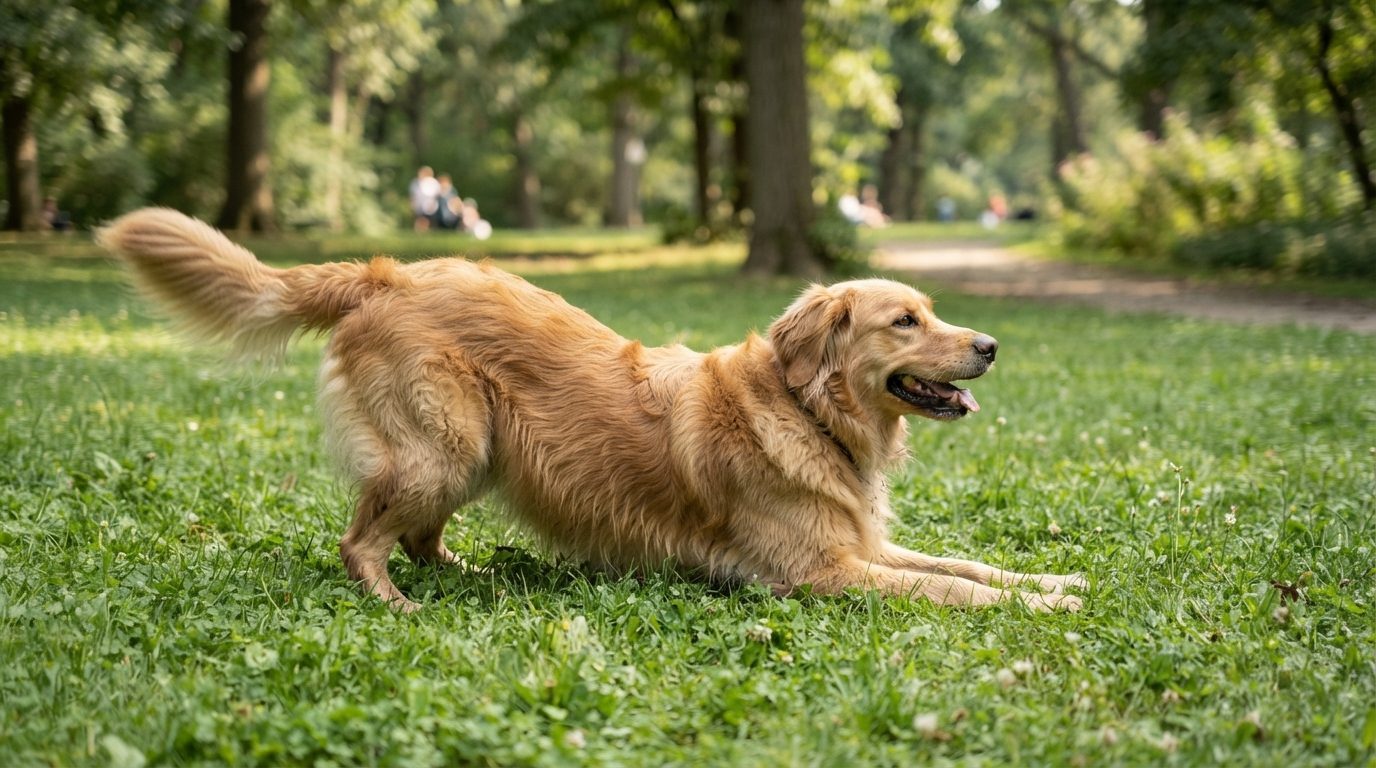 Hund der ligger fladt ned i en play bow-position set fra siden