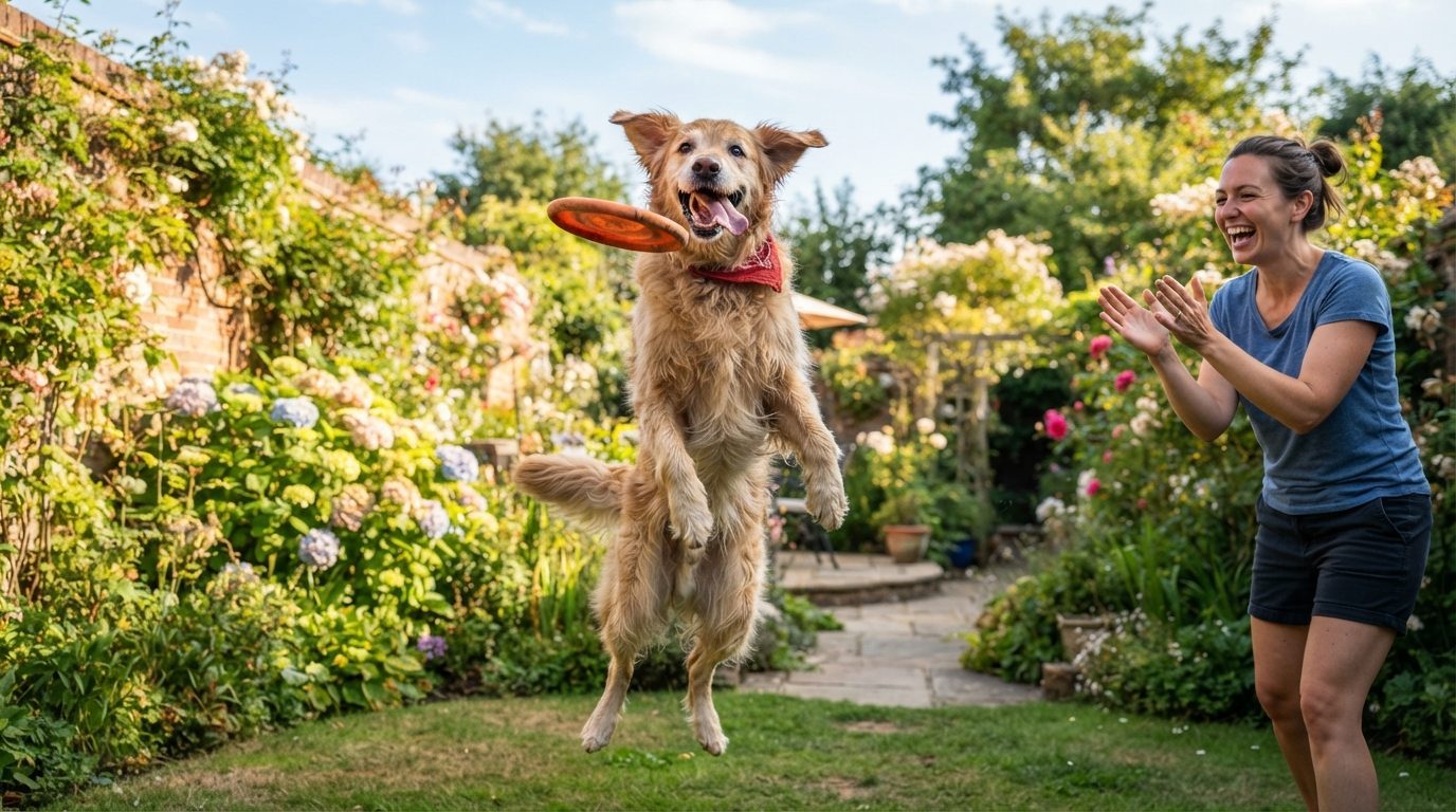 Hund der udfører et trick i en solrig have mens ejeren klapper